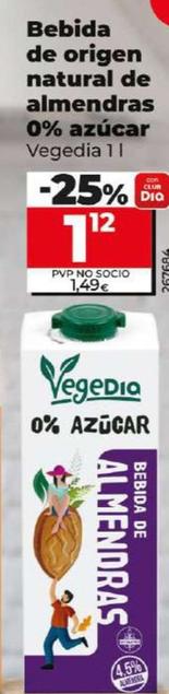 Oferta de Vegedia - Bebida de origen natural de almendras 0% azucar por 1,12€ en Dia