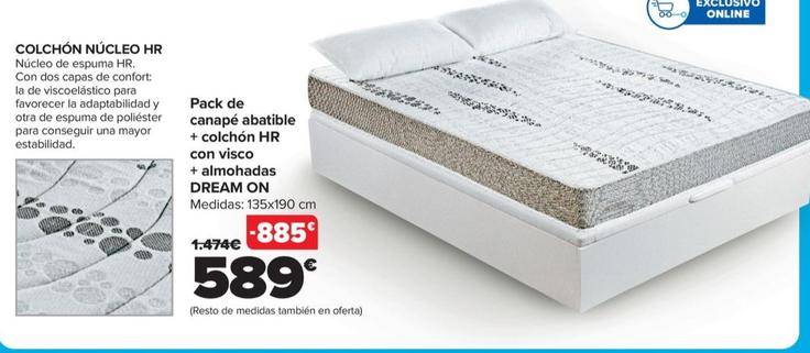 Oferta de Dream On - Pack De  Canapé Abatible  + Colchón HR  Con Visco  + Almohadas  por 589€ en Carrefour