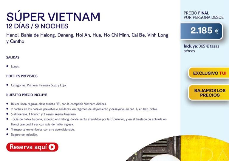 Oferta de Tui Travel Plc - Super Vietnam 12 Dias / 9 Noches por 2185€ en Tui Travel PLC