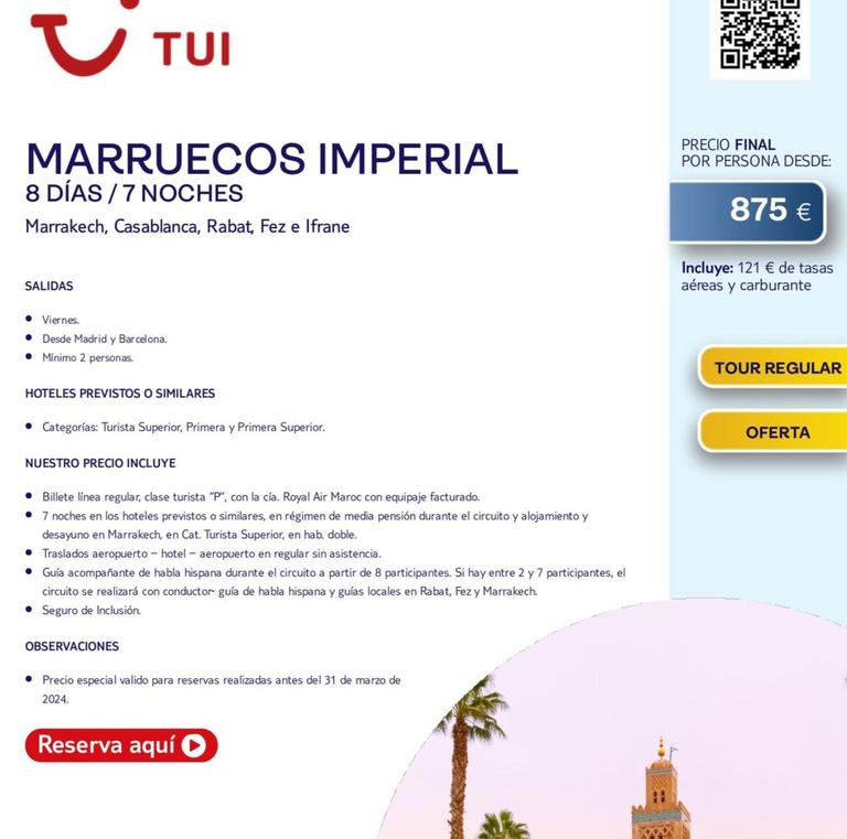 Oferta de Tui Travel Plc - Marruecos Imperial 8 Dias / 7 Noches por 875€ en Tui Travel PLC