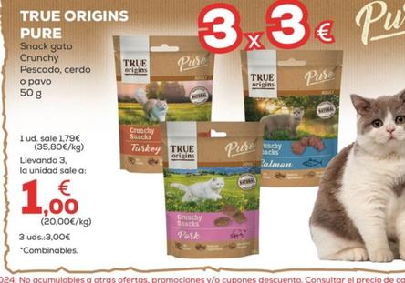 Oferta de True Origins Pure - Snack Gato Crunchy Pescado Cerdo o Pavo por 1,79€ en Kiwoko