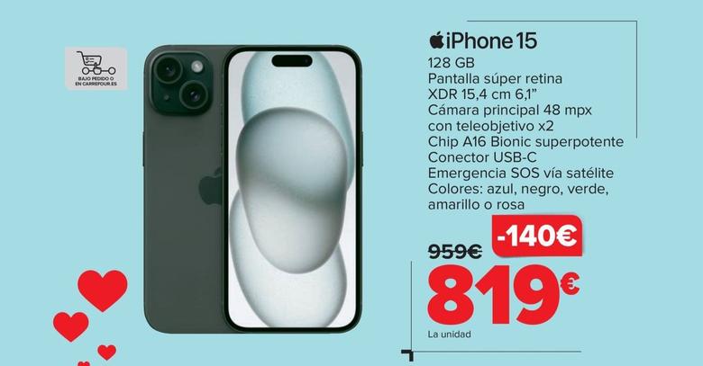 Oferta de Apple - Iphone 15 por 819€ en Carrefour