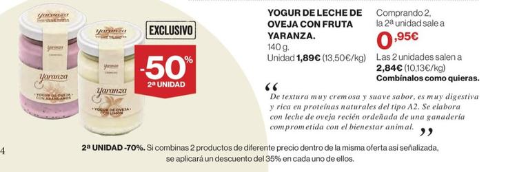 Oferta de Yaranza - Yogur De Leche De Oveja Con Fruta por 1,89€ en El Corte Inglés