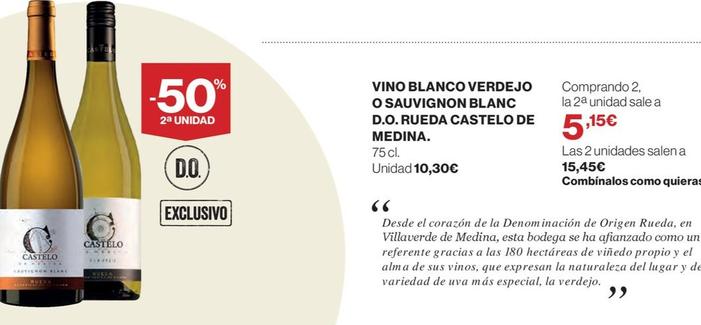 Oferta de Castelo De Medina - Vino Blanco Verdejo O Sauvignon Blanc D.O. Rueda por 10,3€ en El Corte Inglés