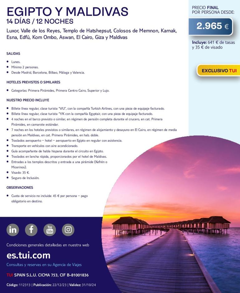 Oferta de Egipto Y Maldivas 14 Días /12 Noches por 2965€ en Tui Travel PLC