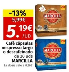 Oferta de Marcilla - Café Cápsulas Nespresso Largo por 5,19€ en Maskom Supermercados