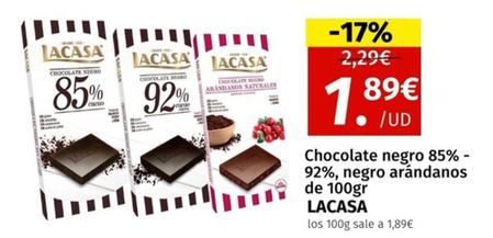 Oferta de Lacasa - Chocolate Negro 85% - 92%, Negro Arándanos por 1,89€ en Maskom Supermercados