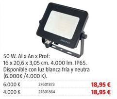 Oferta de Proyectores Led 50 W. Al X An X Prof: 16 X 20,6 X 3,05 Cm. 4.000 Lm. Ip65. Disponible Con Luz Blanca Fría Y Neutra (6.000k /4.000 K). por 18,95€ en BAUHAUS