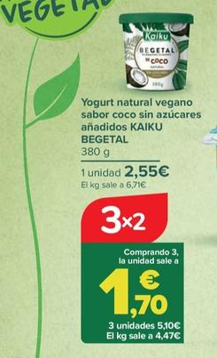 Oferta de Kaiku - Yogurt Natural Vegano Sabor Coco Sin Azúcares Añadidos  Begetal por 2,55€ en Carrefour