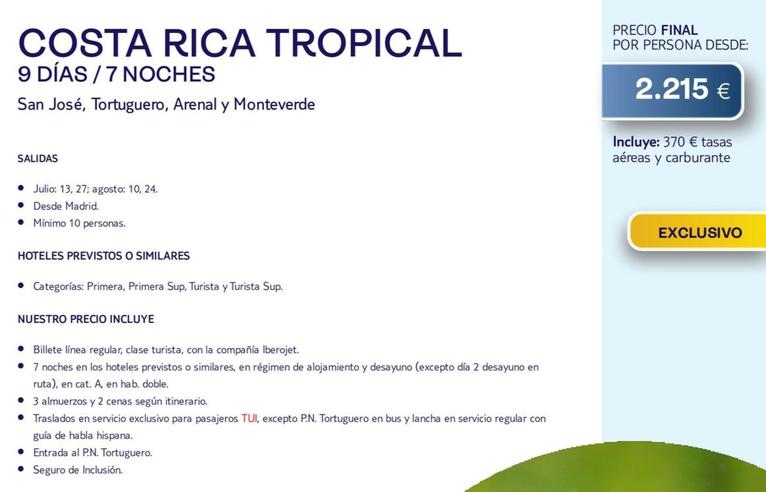 Oferta de Costa Rica Tropical por 2215€ en Tui Travel PLC