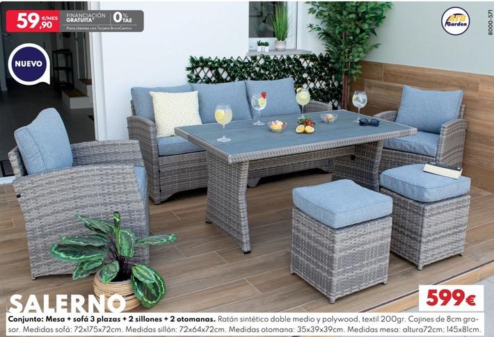 Oferta de Salerno Conjunto: Mesa + Sofa 3 Plazas + 2 Sillones + 2 Atomanas por 599€ en BricoCentro