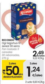Oferta de Recondo - Pan Tostado 11 Cereales 30 Rebanadas por 2,49€ en Eroski