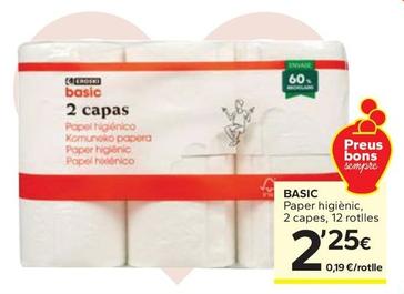 Oferta de Eroski - Paper Higiènic, 2 Capes, 12 Rotlles por 2,25€ en Caprabo