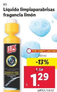 Oferta de W5 - Liquido Limpiaparabrisas Fragancia Limon por 1,29€ en Lidl