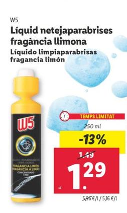 Oferta de W5 - Liquido Limpiaparabrisas Fragancia Limon por 1,29€ en Lidl