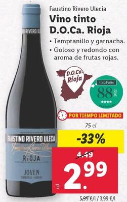 Oferta de Faustino Rivero Ulecia - Vino Tinto D.O.Ca. Rioja por 2,99€ en Lidl