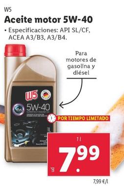 Oferta de W5 - Aceite Motor 5W-40 por 7,99€ en Lidl