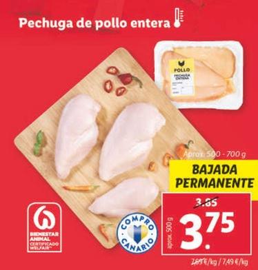 Oferta de Pechuga De Pollo Entera por 3,75€ en Lidl