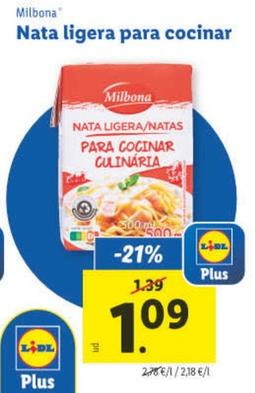 Oferta de Milbona - Nata Ligera Para Cocinar por 1,09€ en Lidl