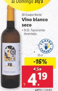 Oferta de 28 Grados Norte Vino Blanco Seco por 4,19€ en Lidl