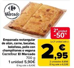 Oferta de Carrefour - Empanada Rectangular De Atun Carne Bacalao Bolonesa Pollo Con Champinones O Vegana por 5,9€ en Carrefour