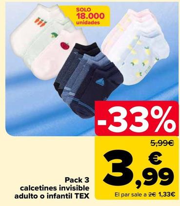 Oferta de Tex - Pack 3 Calcetines Invisible Adulto O Infantil por 3,99€ en Carrefour
