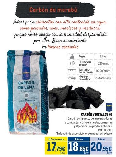 Oferta de Makro - Carbón Vegetal 15 Kg por 20,95€ en Makro
