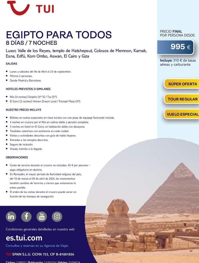Oferta de Egipto Para Todos por 995€ en Tui Travel PLC