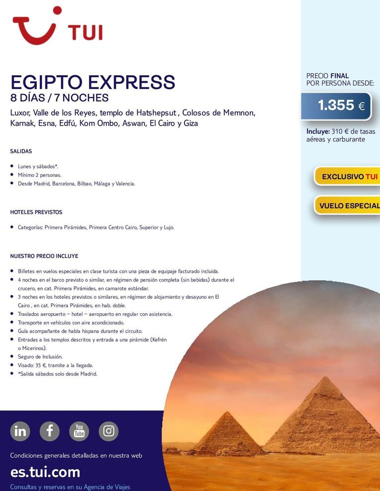 Oferta de Egipto Express por 1355€ en Tui Travel PLC