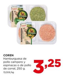 Oferta de Coren - Hamburguesa De Pollo Campero Y Espinacas O De Pollo De Corral por 3,25€ en Alimerka