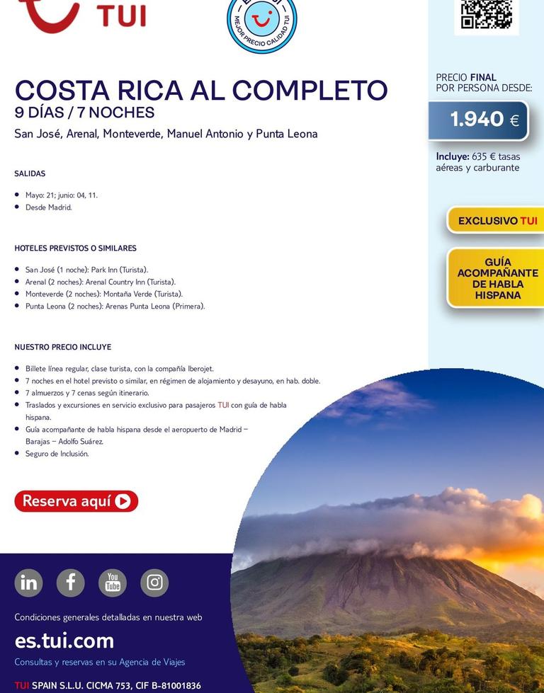 Oferta de Costa Rica Al Completo por 1940€ en Tui Travel PLC