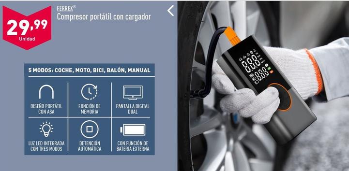 Oferta de Ferrex - Compresor Portátil Con Cargador por 32,99€ en ALDI