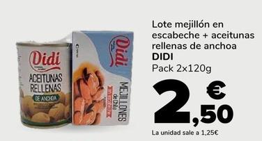 Oferta de Didi - Lote Mejillon En Escabeche + Aceitunas Rellenas De Anchoa por 2,5€ en Supeco