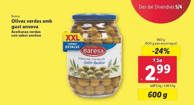 Oferta de Baresa - Aceitunas Verdes Con Sabor Anchoa por 2,99€ en Lidl
