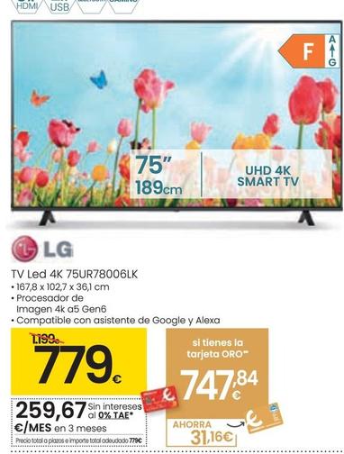 Oferta de Lg - Tv Led 4k 75UR78006LK por 779€ en Eroski