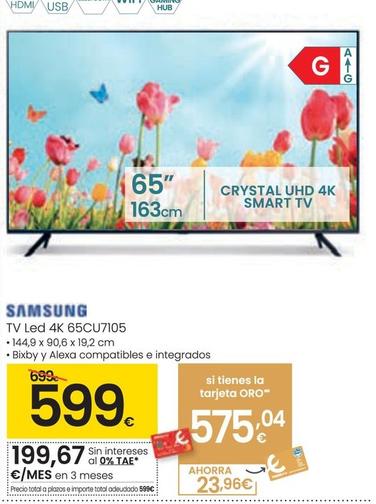 Oferta de Samsung - Tv Led 4k 65CU7105 por 599€ en Eroski