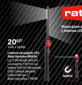 Oferta de Ratio - Linterna Recargable Led Workline RB1000 por 24,95€ en Cadena88