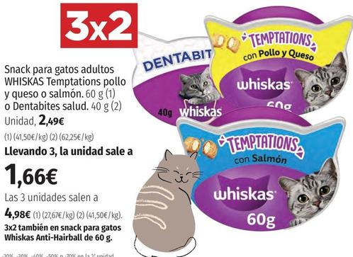 Oferta de Whiskas - Snack Para Gatos Adultos Temptations Pollo Y Queso O Salmón por 2,49€ en El Corte Inglés