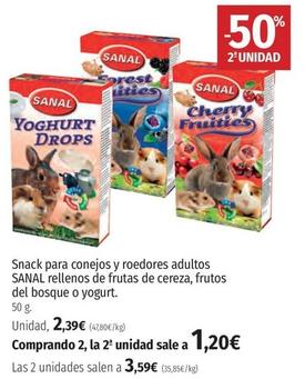 Oferta de Sanal - Snack Para Conejos Y Roedores Adultos Rellenos De Frutas De Cereza, Frutos Del Bosque O Yogurt por 2,39€ en El Corte Inglés