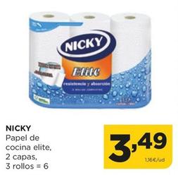 Oferta de Nicky - Papel De Cocina Elite, 2 Capas, 3 Rollos por 3,49€ en Alimerka