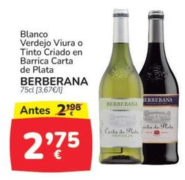 Oferta de Berberana - Blanco Verdejo Viura O Tinto Criado En Barrica Carta De Plata por 2,75€ en Supermercados Codi