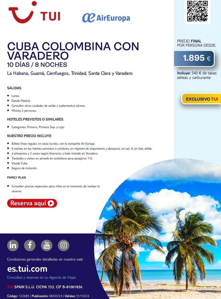Oferta de Cuba Colombina Con Varadero por 1895€ en Tui Travel PLC