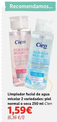 Oferta de Cien - Limpiador Facial De Agua Micelar 2 Variedades, Piel Normal O Seca por 1,59€ en Lidl