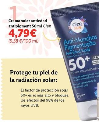 Oferta de Cien - Crema Solar Antiedad Antipigment por 4,79€ en Lidl
