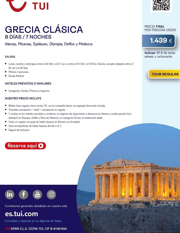 Oferta de Grecia Clásica por 1439€ en Tui Travel PLC