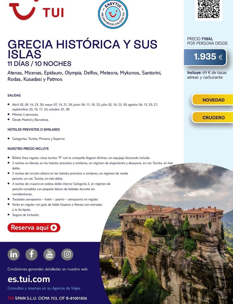 Oferta de Grecia Histórica Y Sus Islas por 1935€ en Tui Travel PLC