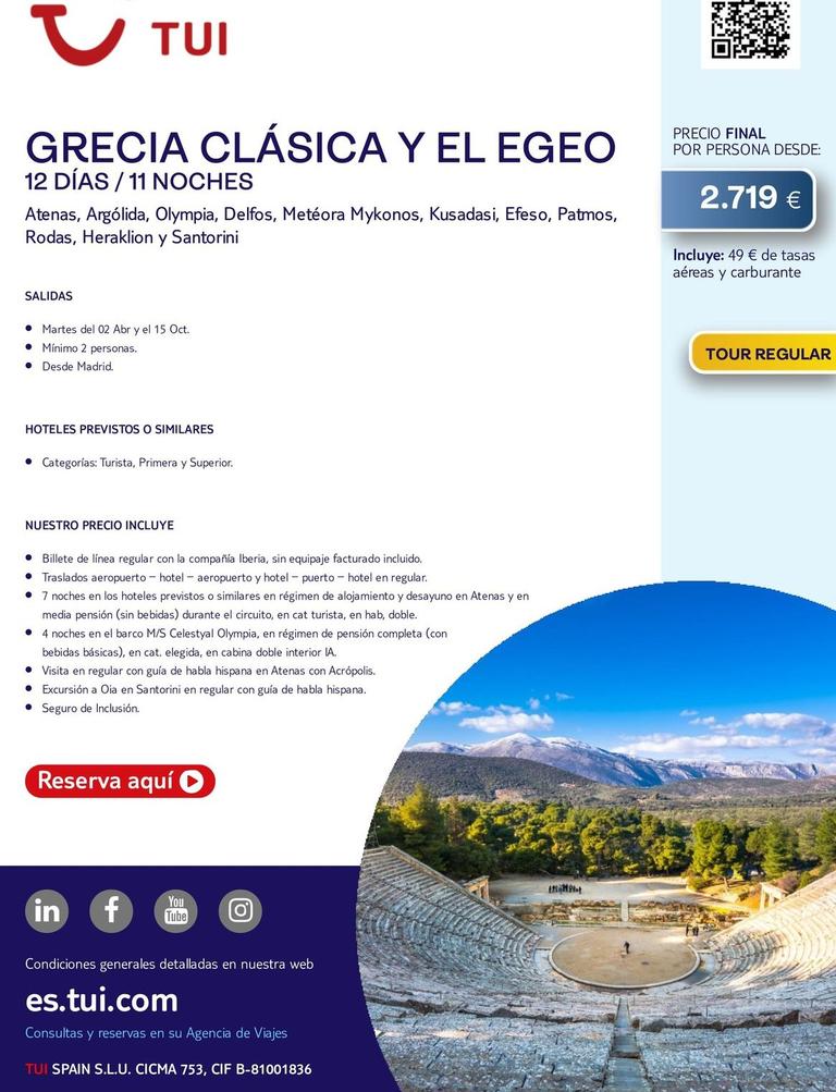 Oferta de Grecia Clásica Y El Egeo por 2719€ en Tui Travel PLC