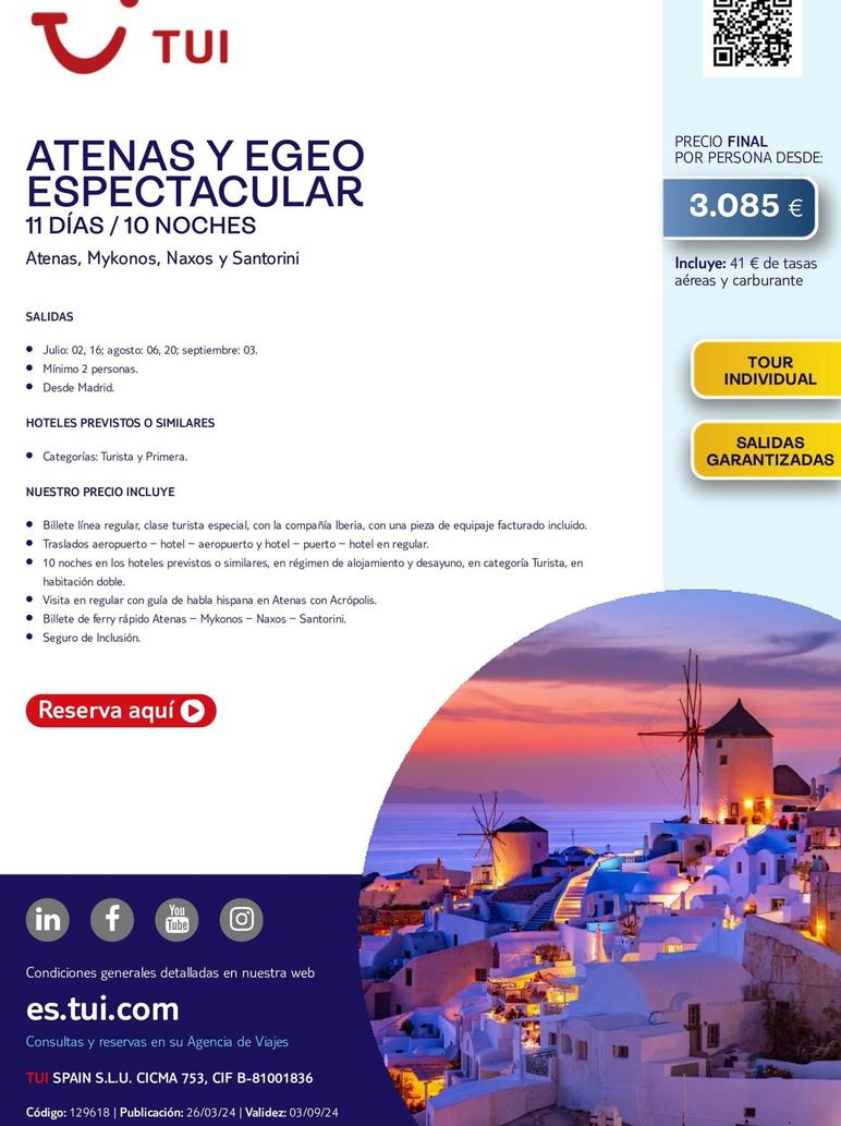 Oferta de Atenas Y Egeo Espectacular por 3085€ en Tui Travel PLC