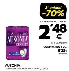 Oferta de Ausonia - Compresa Discreet Maxi Night, 12 UD. por 8,25€ en BM Supermercados