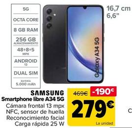 Oferta de Samsung - Smartphone Libre A34 5G por 255€ en Carrefour